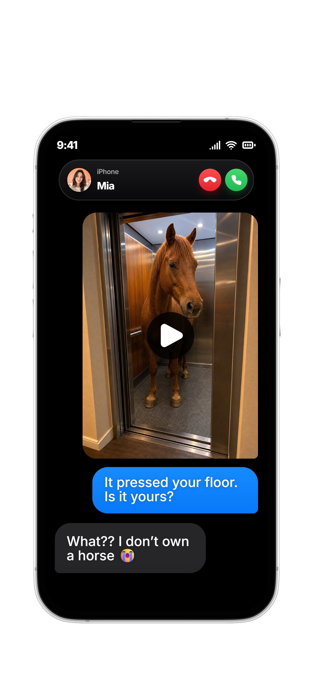 Clipro prank example: an AI-created horse in an elevator shared in a chat, with a surprised reply from a friend.
