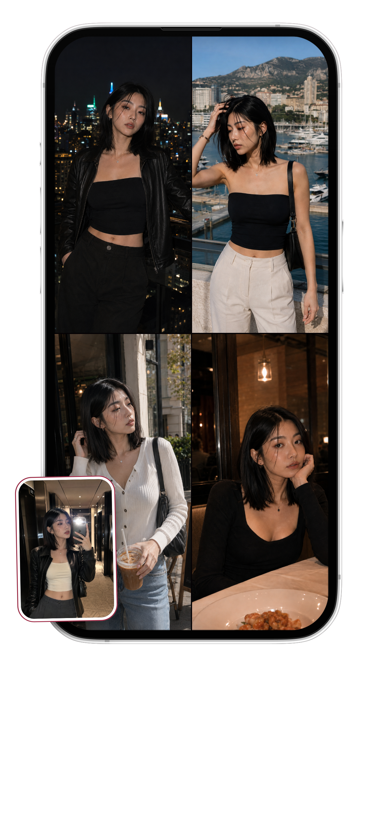 One original mirror selfie alongside four AI portraits of the same woman in different outfits and settings, including a city rooftop, marina, café, and restaurant.