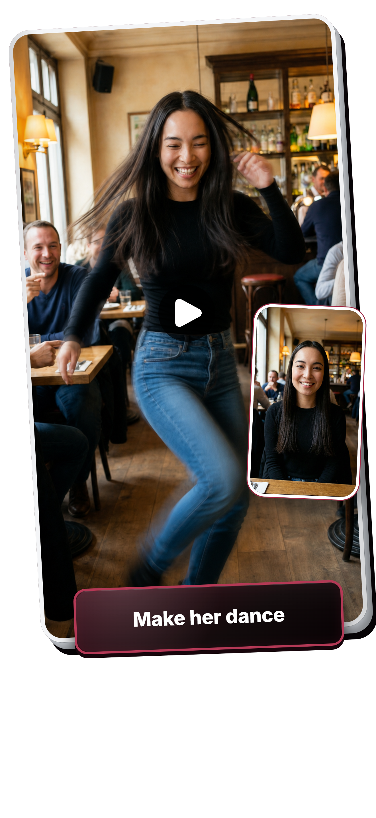 Photo-to-video example showing a woman's seated café portrait transformed into a scene of her dancing, with the prompt Make her dance.